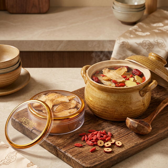 天麻炖汤场景,搭配枸杞红枣传统食材