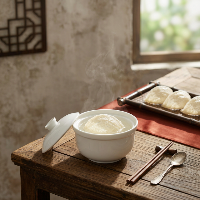 花姿盛燕窝炖煮过程，晨光下白瓷炖盅中的燕窝