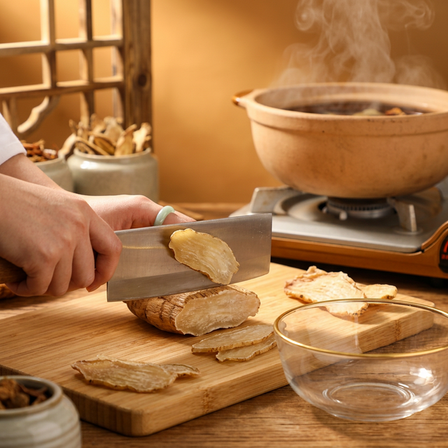 天麻在竹砧板上切片的中式厨房场景