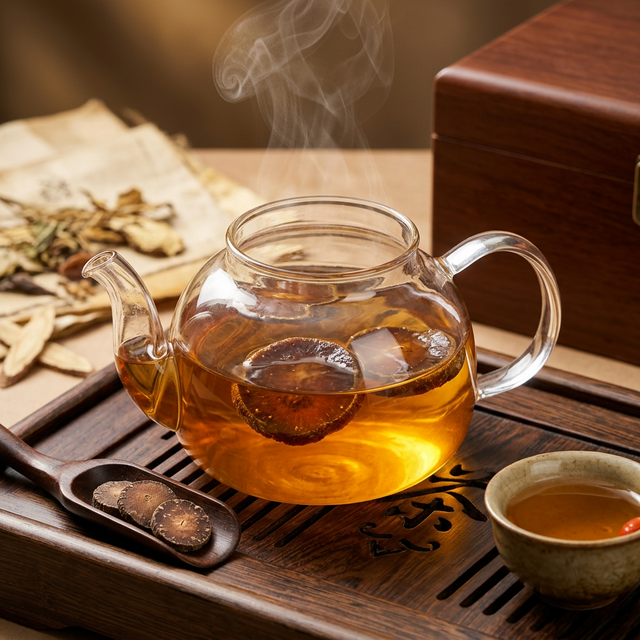 化橘红沸水冲泡场景，金黄茶汤与传统茶具