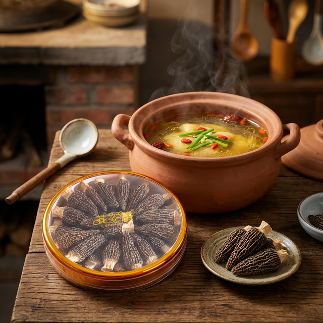 花姿盛羊肚菌搭配枸杞鸡汤烹饪实景