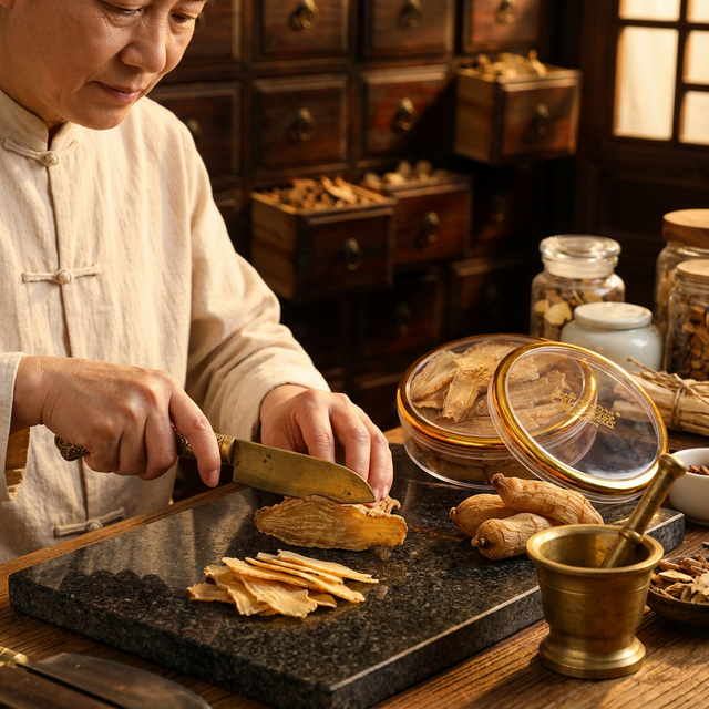 天麻在石板上切片的传统中药加工场景