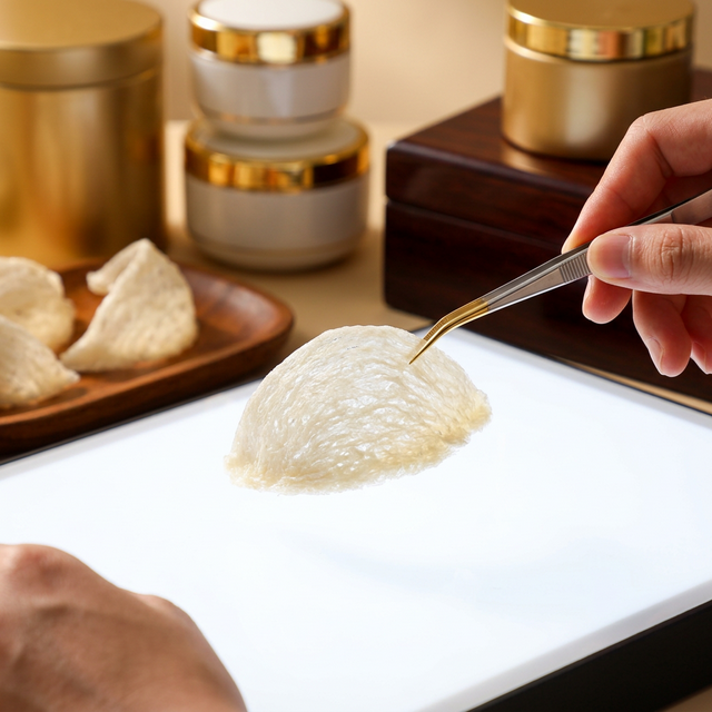 花姿盛干挑工艺灯箱下的燕窝质感特写