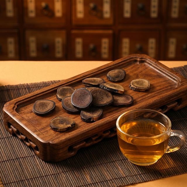 鹿茸蜡片旁琥珀色药膳茶汤的中式饮用场景