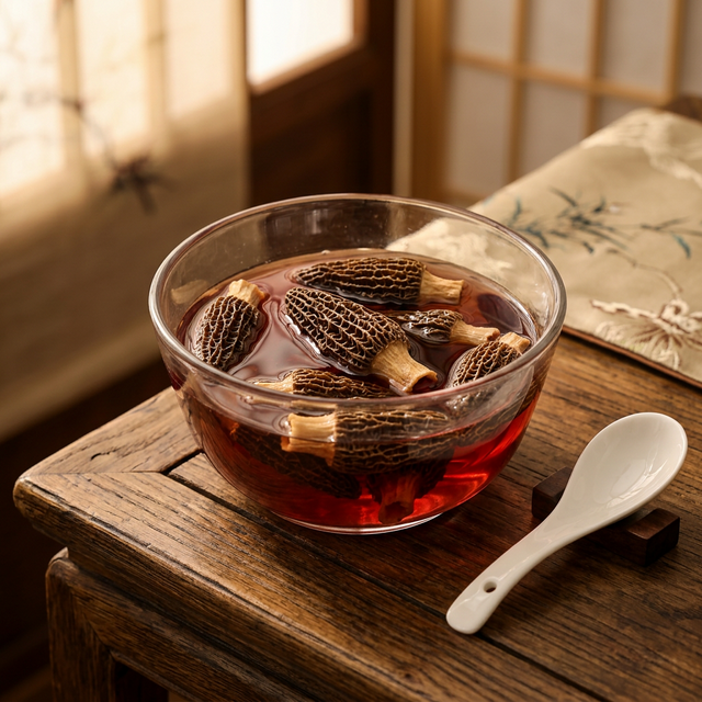 花姿盛羊肚菌泡发过程，汤水渐变为酒红色