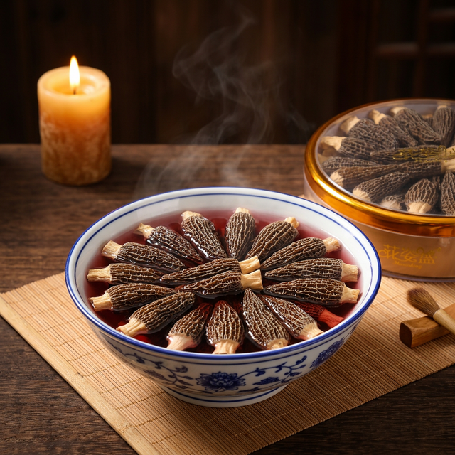 花姿盛羊肚菌泡发实景，陶碗中酒红色汤水与蒸汽