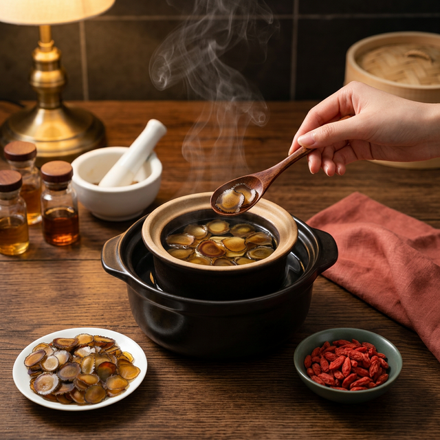 鹿茸蜡片放入陶瓷炖盅搭配枸杞的炖煮过程