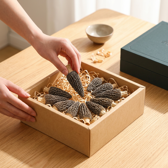 花姿盛羊肚菌牛皮纸礼盒开箱场景