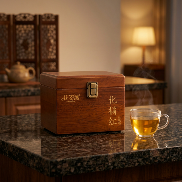 化橘红与玻璃茶杯冲泡饮用，暖色居家场景