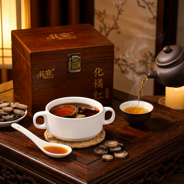 化橘红紫砂壶泡饮场景，金黄茶汤缓缓注入杯中