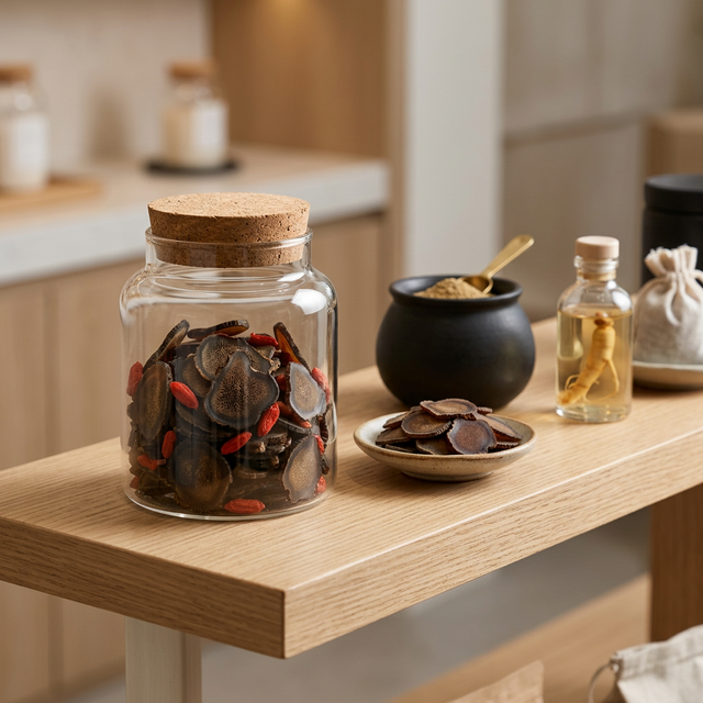 花姿盛鹿茸蜡片玻璃罐装搭配高端保健品的精品展示