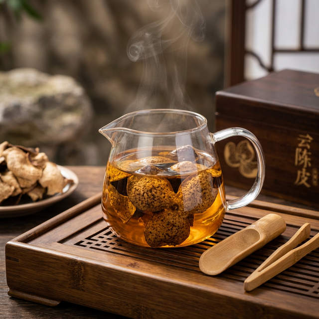 陈皮沸水冲泡场景,茶汤金黄透亮