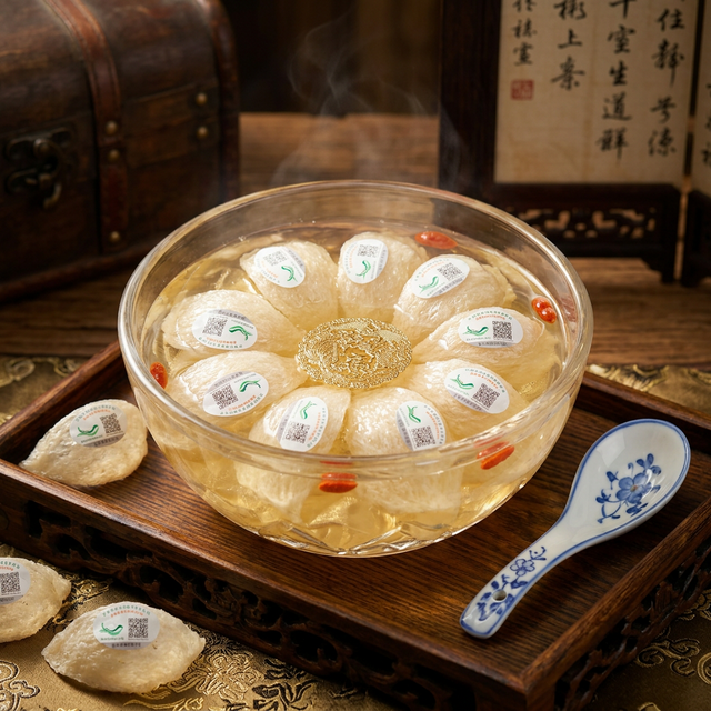 燕窝隔水炖煮场景,金色汤汁搭配传统茶具