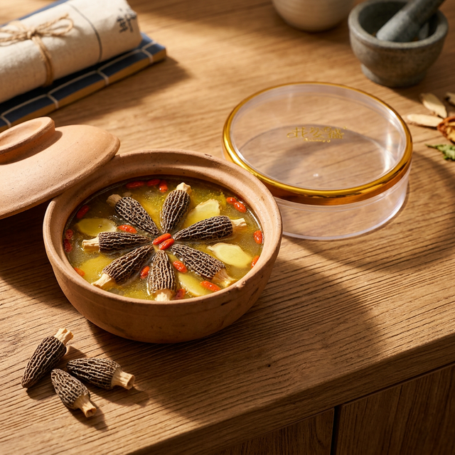 羊肚菌炖鸡汤烹饪场景,砂锅中搭配枸杞与姜片