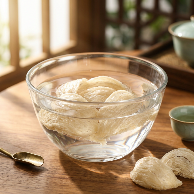 燕窝清水泡发场景，晨光中的玻璃碗与燕盏