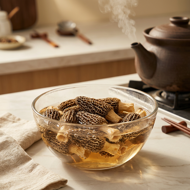 羊肚菌温水泡发过程，菌体在碗中逐渐舒展