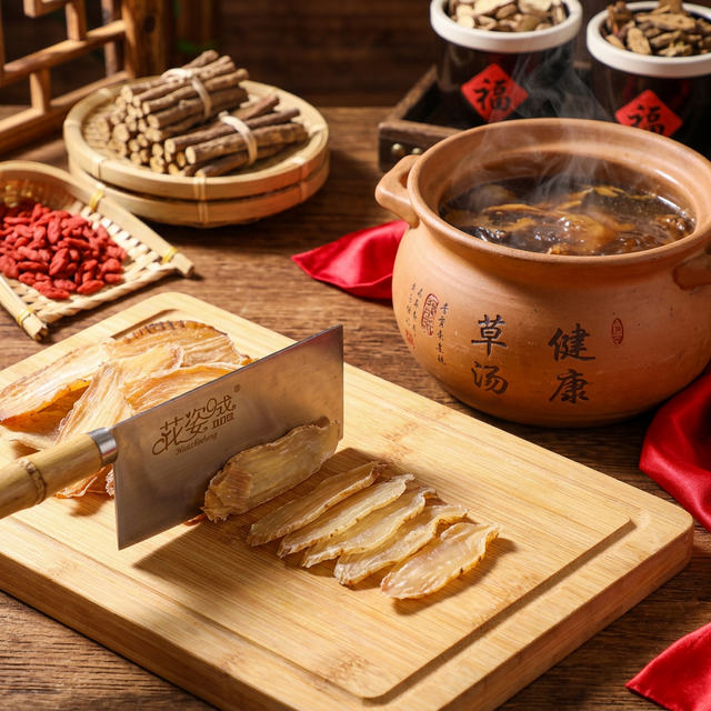 天麻切片与砂锅炖汤的烹饪制作场景