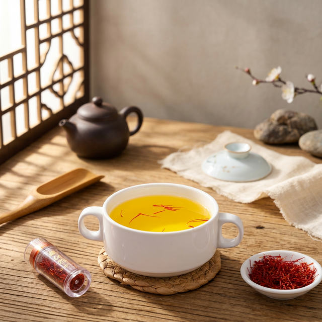 藏红花泡水品饮场景，晨光中的金黄茶汤