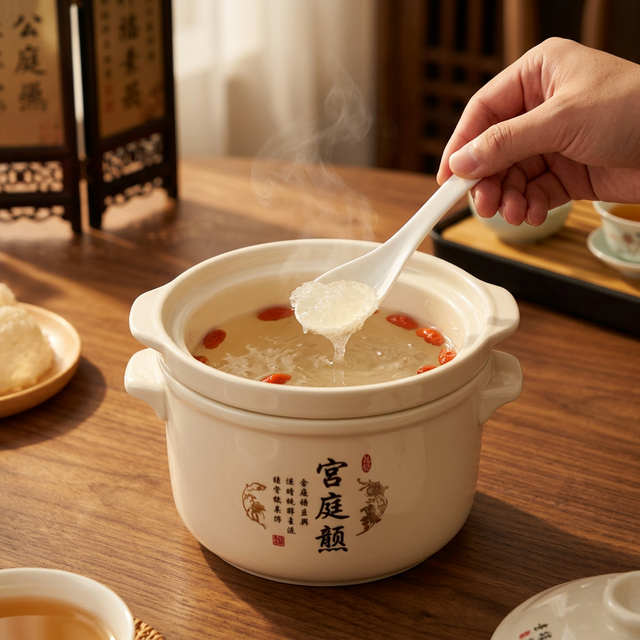 燕窝隔水炖煮场景，陶瓷炖盅与缕缕蒸汽