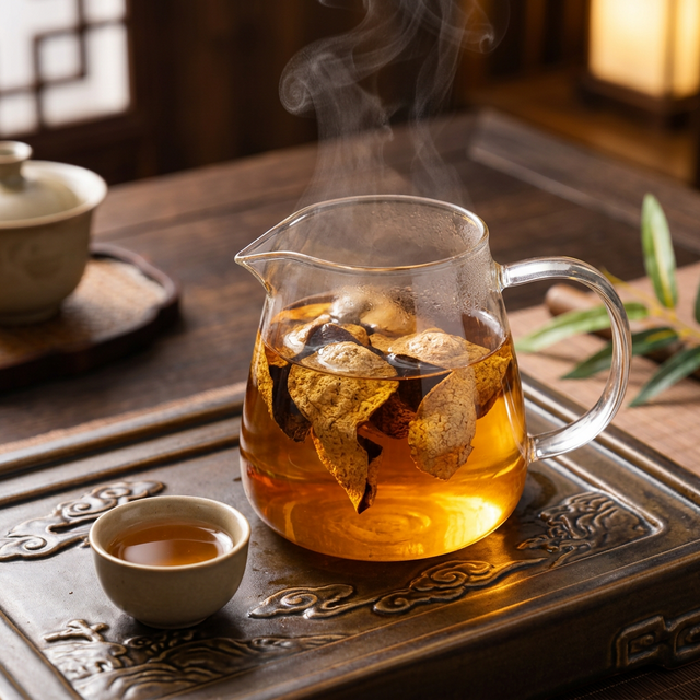 新会陈皮玻璃壶冲泡实景,金黄茶汤从容溢出