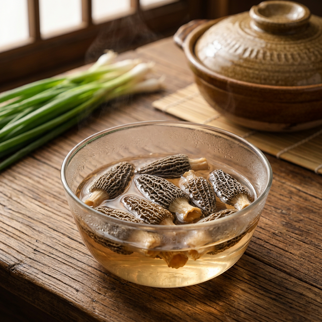 羊肚菌温水泡发场景,清澈碗中菌体自然舒展