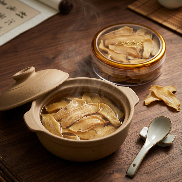 天麻炖煮场景,温暖汤色搭配陶瓷炖盅