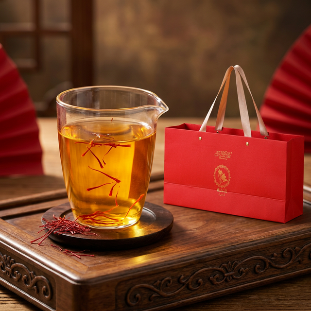 藏红花温水冲泡过程，金黄色茶汤缓缓扩散