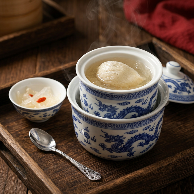 花姿盛燕窝隔水炖煮过程，蒸汽缭绕配精致瓷器