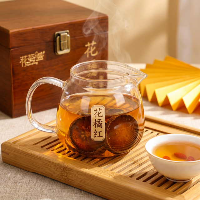 化橘红泡水冲饮，金黄透亮茶汤搭配竹茶盘