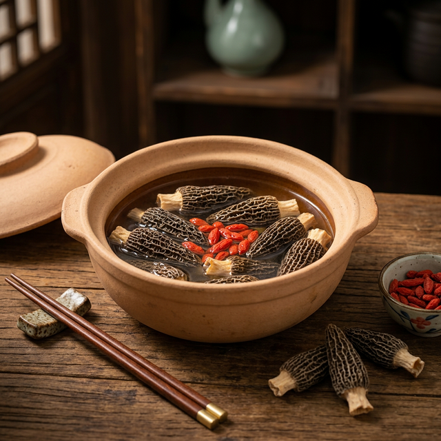 羊肚菌砂锅炖汤场景，搭配枸杞与传统炊具