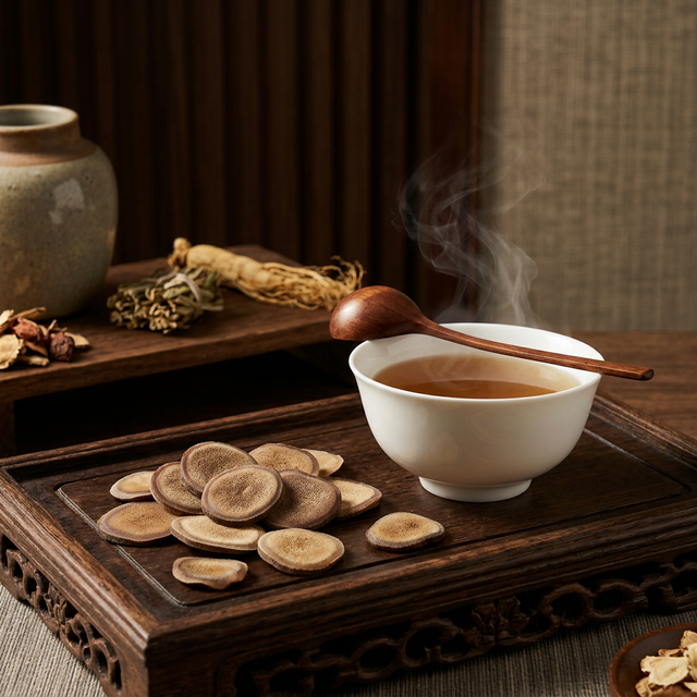 鹿茸蜡片搭配白瓷碗炖汤的传统中药养生场景