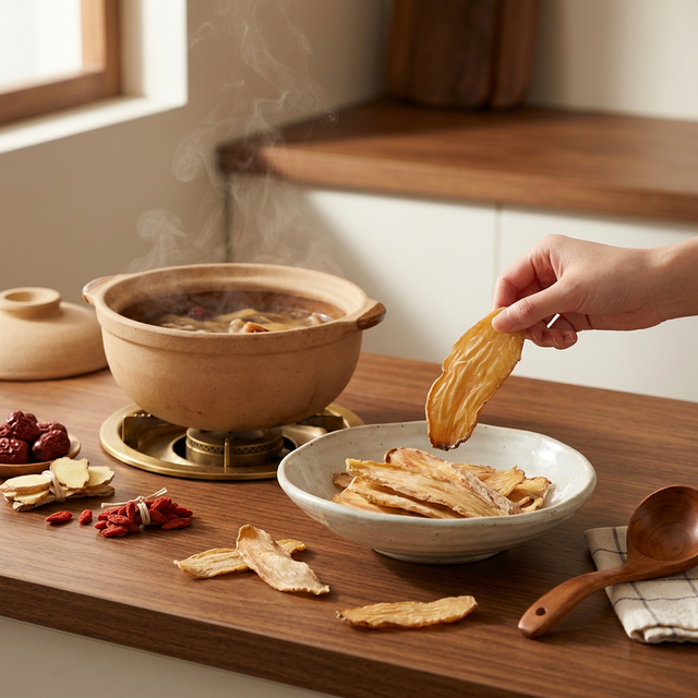 天麻炖汤食用场景,搭配传统中式厨房氛围