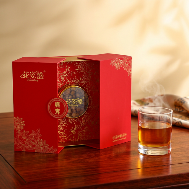 鹿茸蜡片搭配琥珀色养生酒的中式红木桌面场景