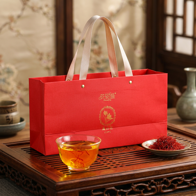 藏红花泡水冲饮场景,金黄色花汤在玻璃杯中清透明亮