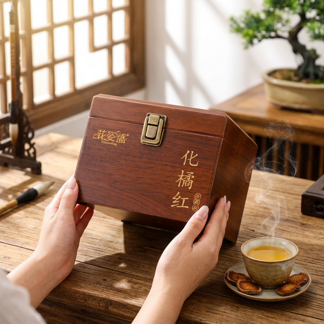 化橘红泡水品鉴场景，陶瓷杯盛金黄茶汤