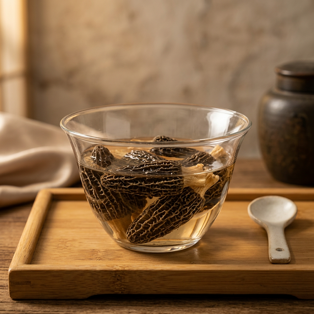 羊肚菌温水泡发场景，玻璃碗中菌体逐渐舒展