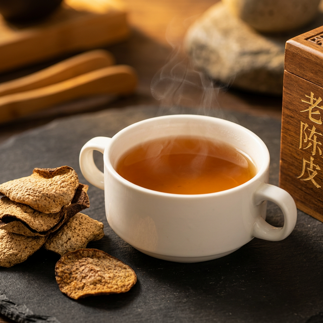 陈皮煲汤养生场景,瓷碗搭配传统食材