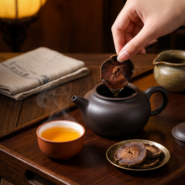 化橘红搭配紫砂壶泡饮的中式茶道场景