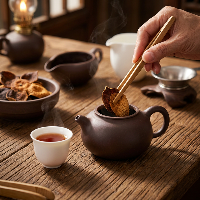 陈皮搭配紫砂壶功夫茶冲泡场景
