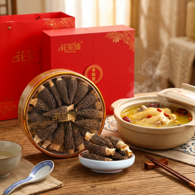 羊肚菌鸡汤炖煮场景，金黄汤色搭配瓷勺筷子