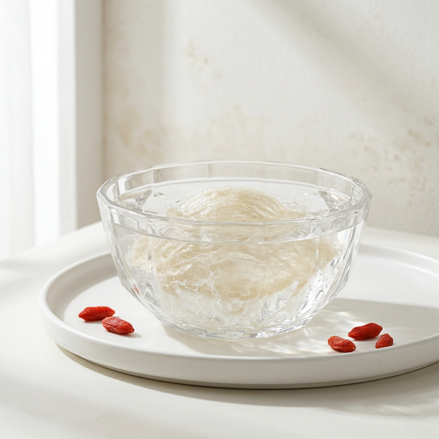 花姿盛燕窝纯净水泡发过程，燕丝逐渐舒展