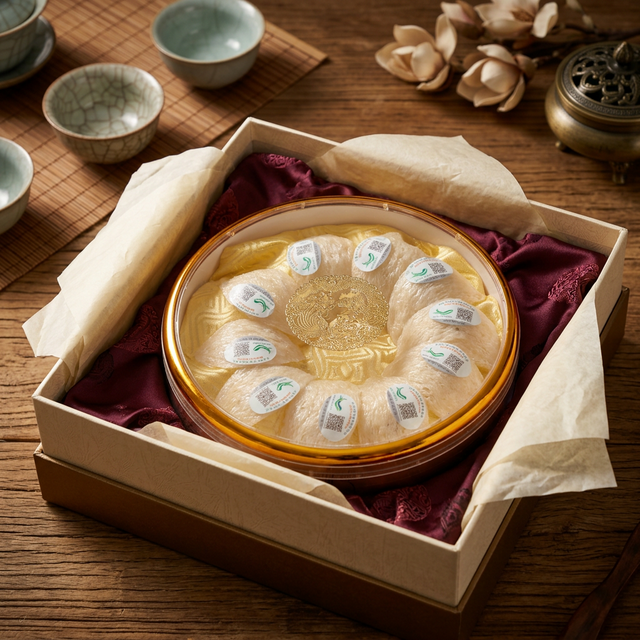 花姿盛燕窝礼盒包装，温暖木质托盘上的精致呈现