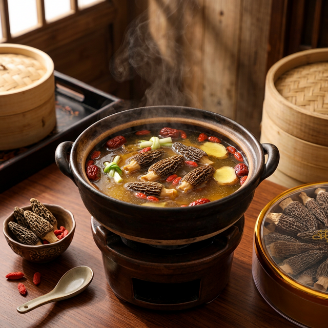 羊肚菌炖鸡煲汤烹饪场景,汤色金黄鲜香四溢