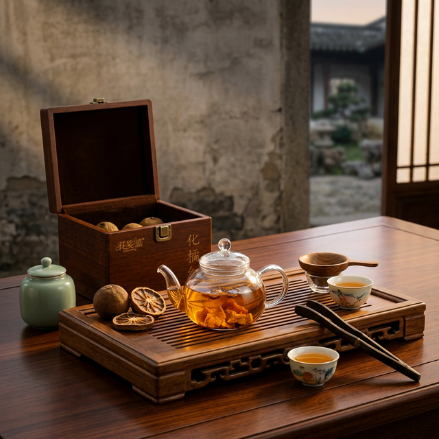 化橘红沸水冲泡场景，金黄茶汤搭配茶具