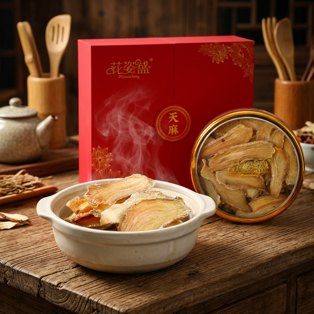 天麻片在陶瓷碗中蒸制，热气氤氲