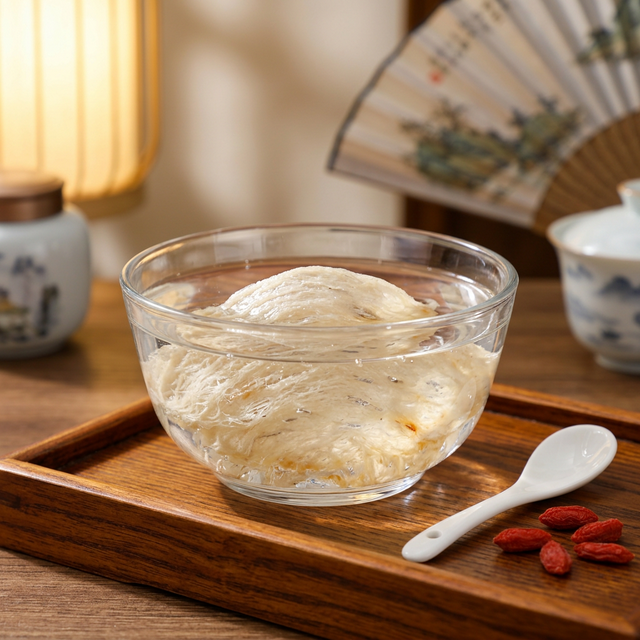 燕窝泡发炖煮场景，清水中燕窝晶莹剔透