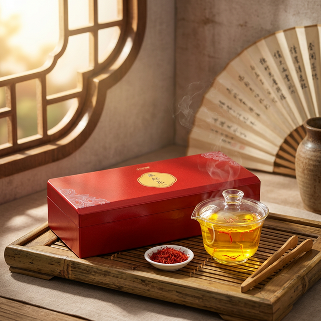 藏红花冲泡出金黄茶汤的精致场景