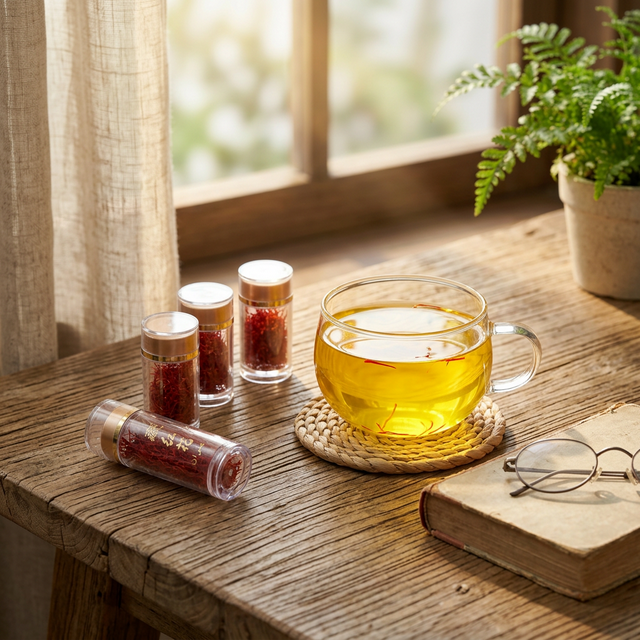 藏红花泡水呈现澄亮金黄茶汤