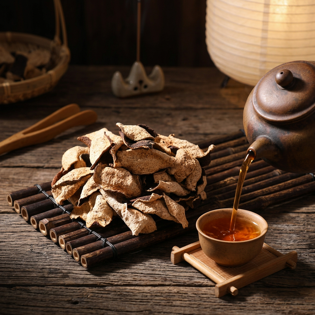 陈皮搭配紫砂壶品茶场景，琥珀色茶汤入杯