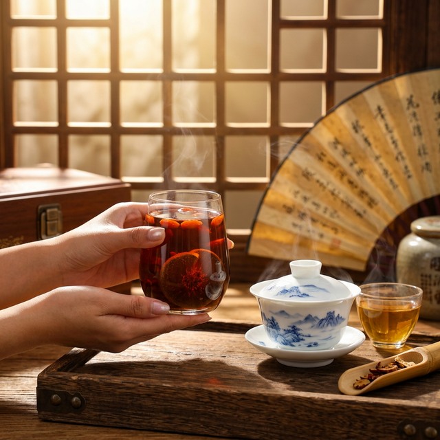 化橘红冲泡盖碗茶具场景,晨光金黄茶汤